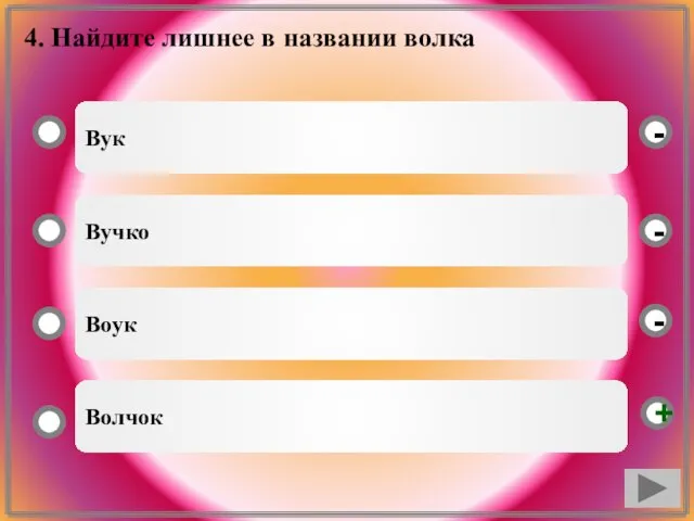 4. Найдите лишнее в названии волка Вук Вучко Воук Волчок - - + -