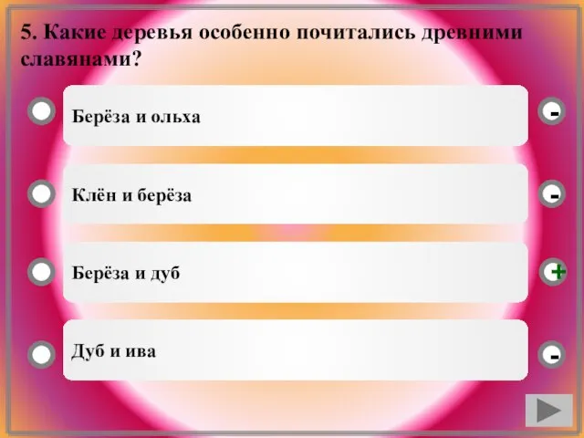 5. Какие деревья особенно почитались древними славянами? Берёза и ольха Клён и