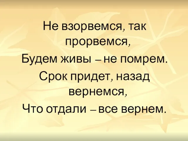 Не взорвемся, так прорвемся, Будем живы – не помрем. Срок придет, назад