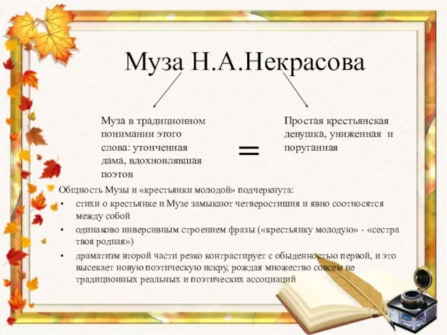 Муза Н.А.Некрасова Общность Музы и «крестьянки молодой» подчеркнута: стихи о крестьянке и