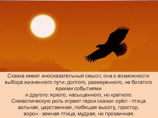 Сказка имеет иносказательный смысл, она о возможности выбора жизненного пути: долгого, размеренного,