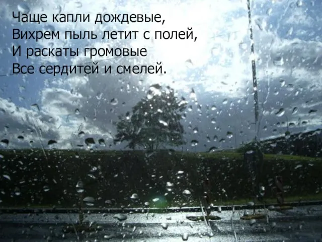 Чаще капли дождевые, Вихрем пыль летит с полей, И раскаты громовые Все сердитей и смелей.