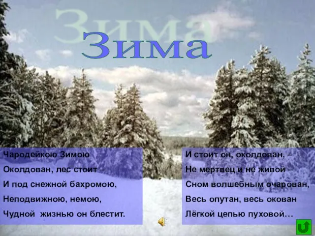 Зима Чародейкою Зимою Околдован, лес стоит – И под снежной бахромою, Неподвижною,