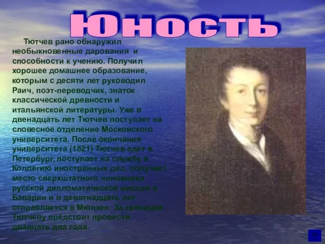 Юность Тютчев рано обнаружил необыкновенные дарования и способности к учению. Получил хорошее