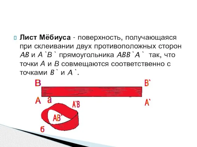 Лист Мёбиуса - поверхность, получающаяся при склеивании двух противоположных сторон AB и