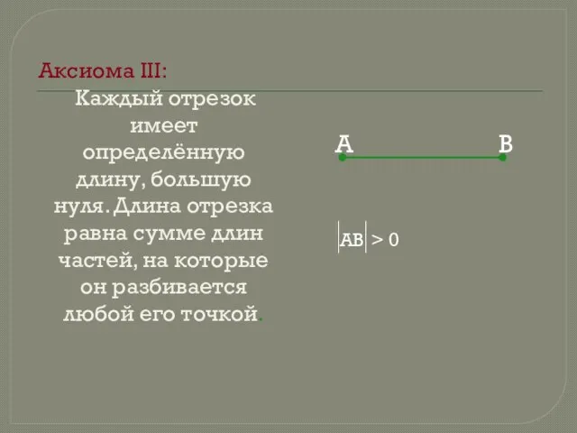 Аксиома III: Каждый отрезок имеет определённую длину, большую нуля. Длина отрезка равна