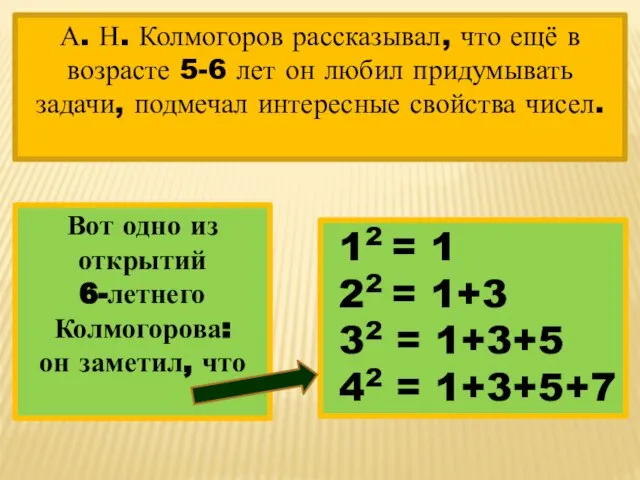 А. Н. Колмогоров рассказывал, что ещё в возрасте 5-6 лет он любил