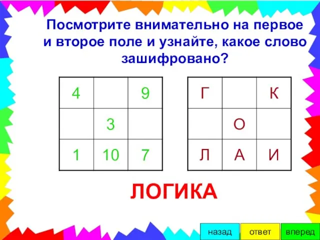 Посмотрите внимательно на первое и второе поле и узнайте, какое слово зашифровано? ЛОГИКА вперед ответ назад