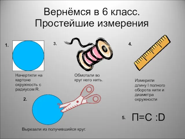 Вернёмся в 6 класс. Простейшие измерения П=С :D 1. 2. 3. 4.