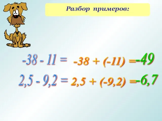 Разбор примеров: 2,5 - 9,2 = -38 + (-11) = -49 -38