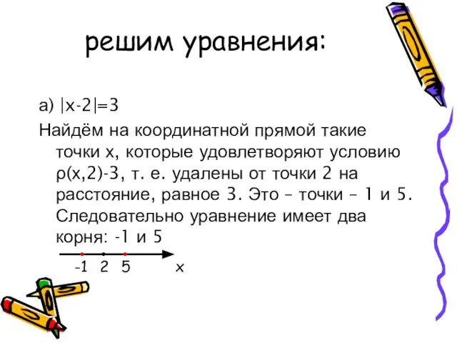 решим уравнения: а) |x-2|=3 Найдём на координатной прямой такие точки х, которые