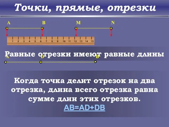 Точки, прямые, отрезки A B M N Равные отрезки имеют равные длины