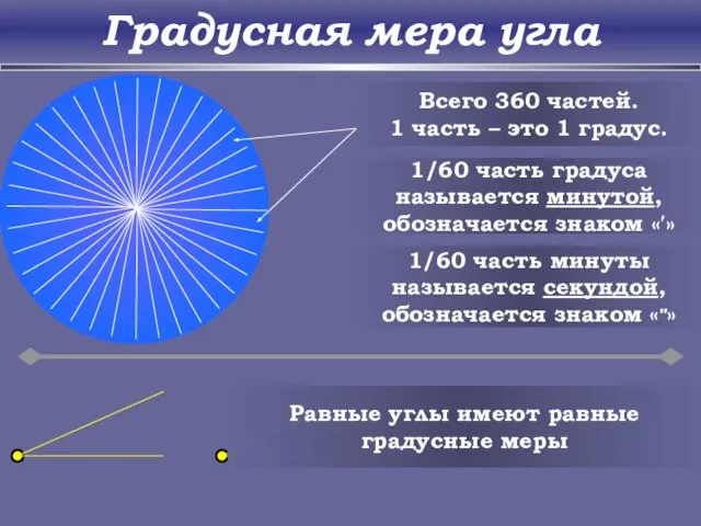 Градусная мера угла Всего 360 частей. 1 часть – это 1 градус.