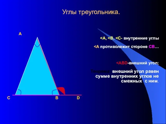 Углы треугольника. А Теорема: внешний угол равен сумме внутренних углов не смежных