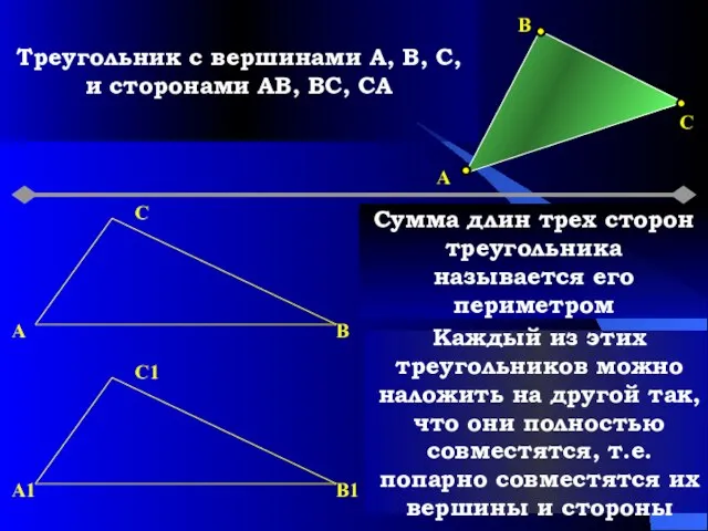 Треугольник с вершинами A, B, C, и сторонами AB, BC, CA A