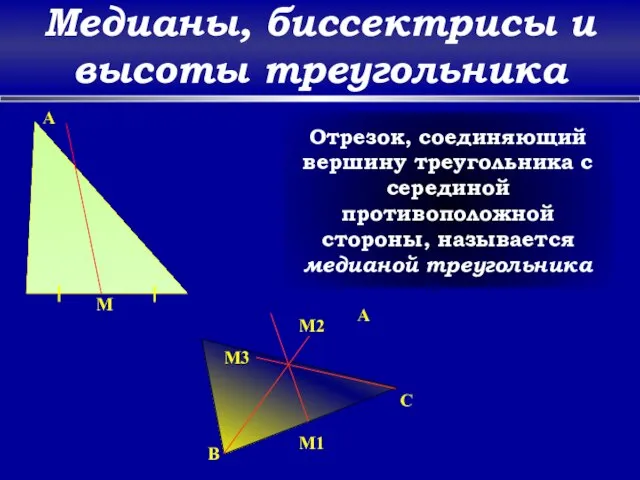 Медианы, биссектрисы и высоты треугольника A M Отрезок, соединяющий вершину треугольника с