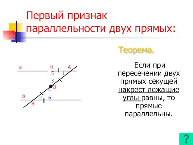 Первый признак параллельности двух прямых: Если при пересечении двух прямых секущей накрест