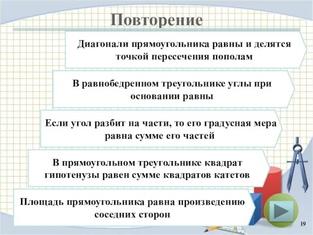 Повторение Диагонали прямоугольника равны и делятся точкой пересечения пополам В равнобедренном треугольнике