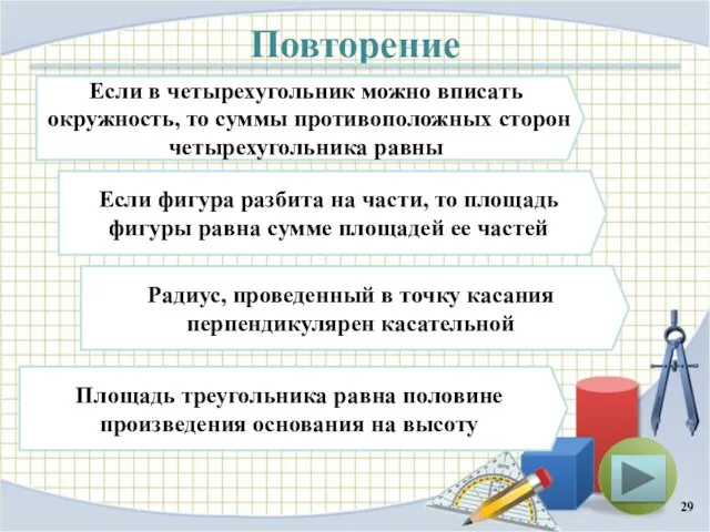 Повторение Если в четырехугольник можно вписать окружность, то суммы противоположных сторон четырехугольника