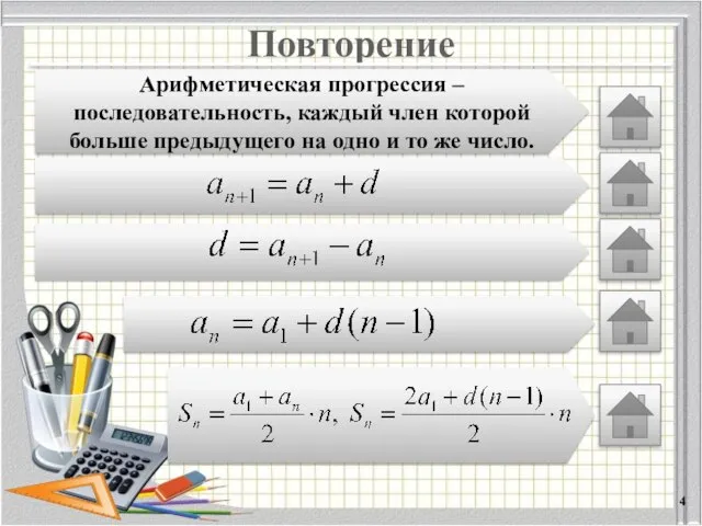 Повторение Арифметическая прогрессия – последовательность, каждый член которой больше предыдущего на одно и то же число.