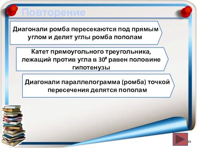 Повторение Диагонали ромба пересекаются под прямым углом и делят углы ромба пополам