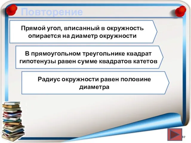 Повторение Прямой угол, вписанный в окружность опирается на диаметр окружности В прямоугольном