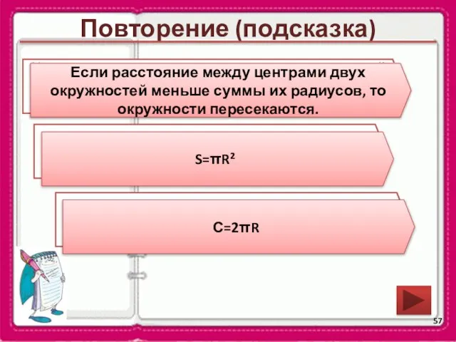 Повторение (подсказка) Каково взаимное положение двух окружностей, если расстояние между их центрами