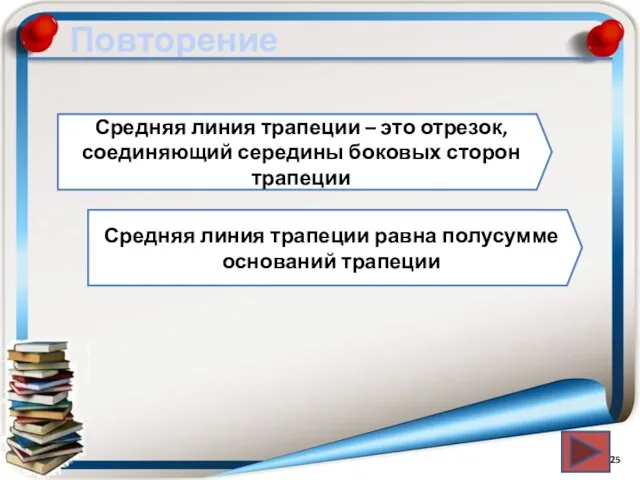 Повторение Средняя линия трапеции – это отрезок, соединяющий середины боковых сторон трапеции