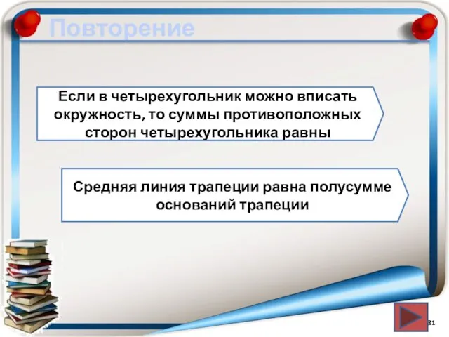 Повторение Если в четырехугольник можно вписать окружность, то суммы противоположных сторон четырехугольника