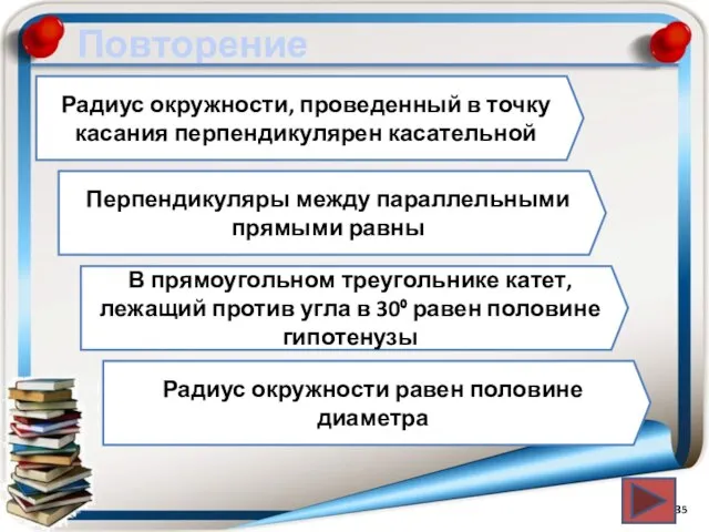 Повторение Радиус окружности, проведенный в точку касания перпендикулярен касательной Перпендикуляры между параллельными