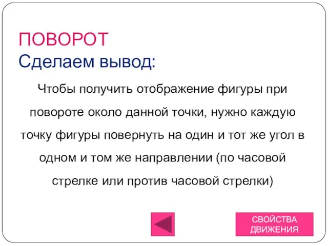 ПОВОРОТ Сделаем вывод: Чтобы получить отображение фигуры при повороте около данной точки,