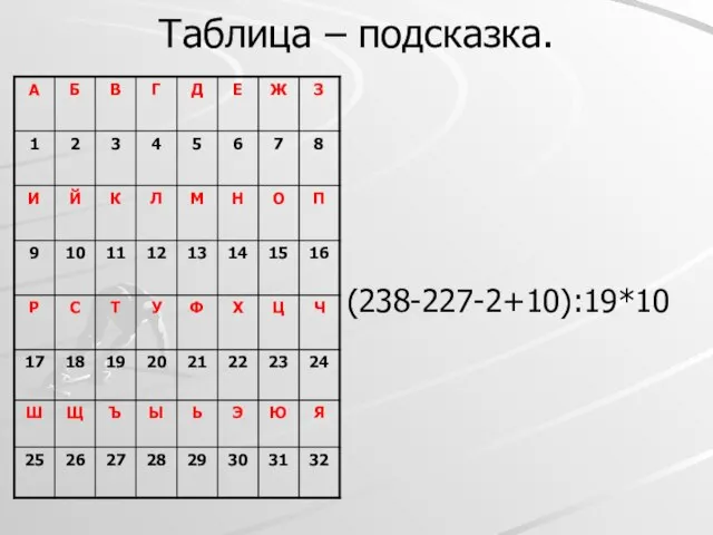 Таблица – подсказка. (238-227-2+10):19*10