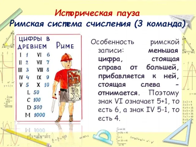 Особенность римской записи: меньшая цифра, стоящая справа от большей, прибавляется к ней,