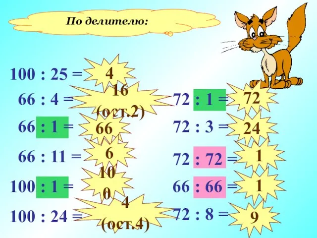 По делителю: 4 16 (ост.2) 66 6 100 4 (ост.4) 72 24