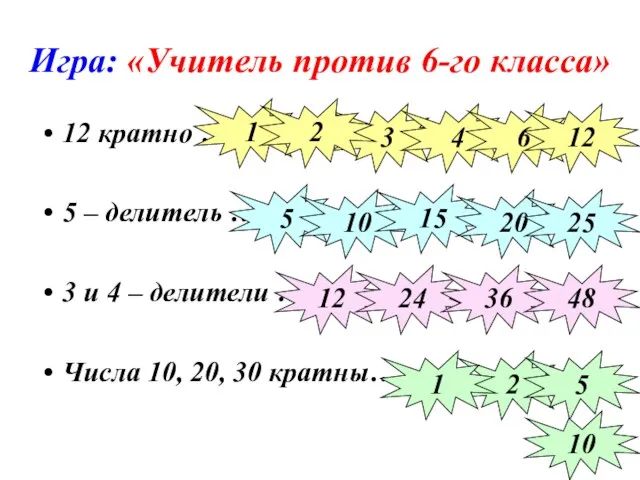 Игра: «Учитель против 6-го класса» 12 кратно … 5 – делитель …