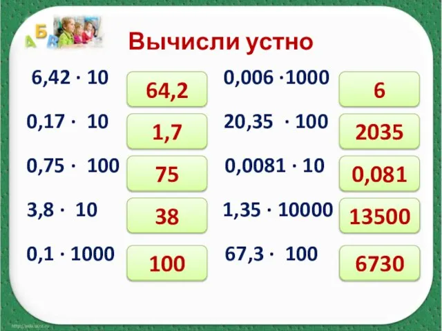 Вычисли устно 6,42 ∙ 10 0,006 ∙1000 0,17 ∙ 10 20,35 ∙