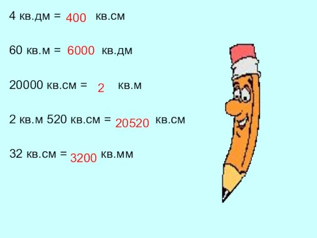 400 4 кв.дм = кв.см 60 кв.м = кв.дм 20000 кв.см =