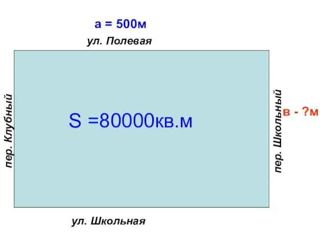 в - ?м ул. Школьная ул. Полевая а = 500м пер. Школьный пер. Клубный S =80000кв.м