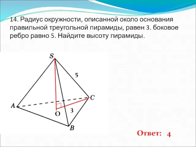 14. Радиус окружности, описанной около основания правильной треугольной пирамиды, равен 3. боковое