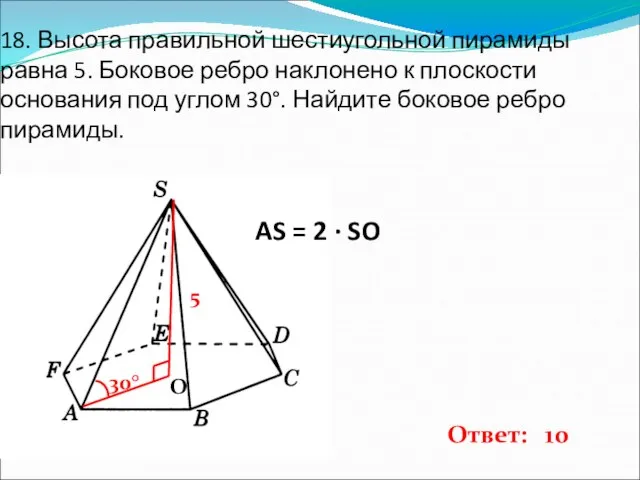 18. Высота правильной шестиугольной пирамиды равна 5. Боковое ребро наклонено к плоскости