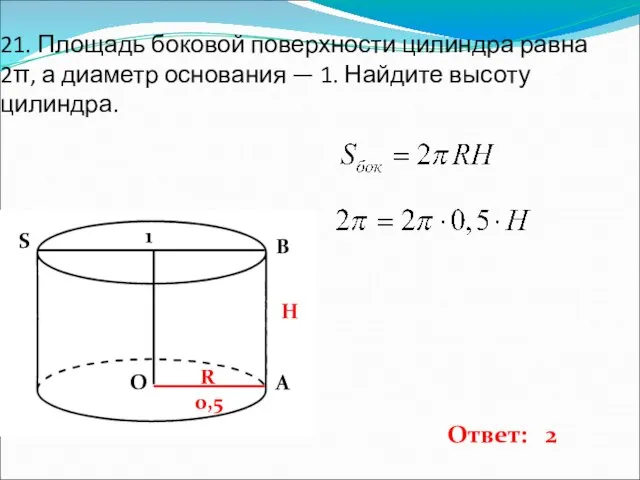 21. Площадь боковой поверхности цилиндра равна 2π, а диаметр основания — 1.