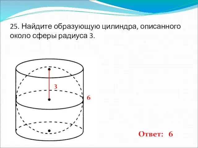 25. Найдите образующую цилиндра, описанного около сферы радиуса 3. 3 6 Ответ: 6