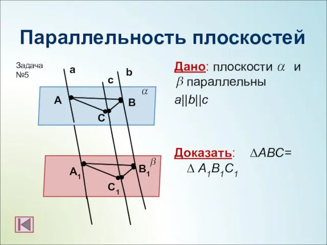 Параллельность плоскостей Дано: плоскости и параллельны a||b||c Доказать: ΔАВС= Δ А1В1С1 b