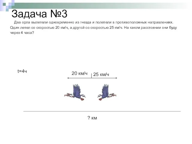 Задача №3 Два орла вылетели одновременно из гнезда и полетели в противоположных