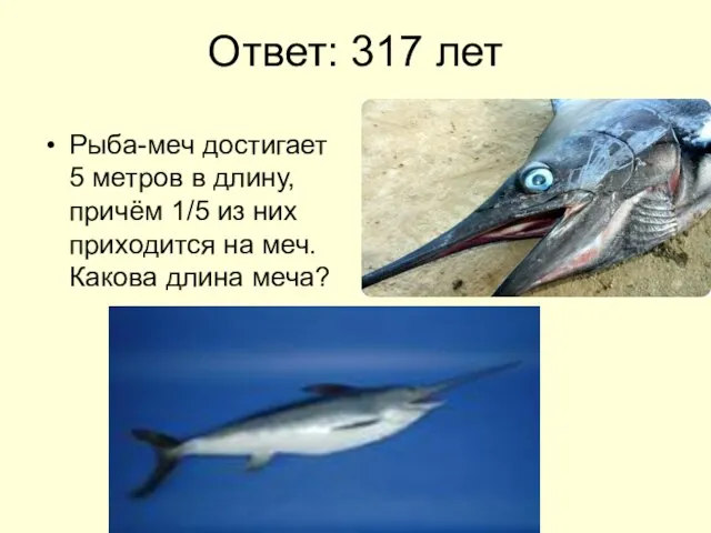 Ответ: 317 лет Рыба-меч достигает 5 метров в длину, причём 1/5 из