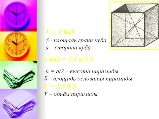 V = 1/6aS S - площадь грани куба а – сторона куба