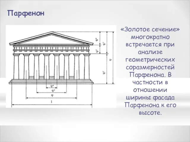 Парфенон «Золотое сечение» многократно встречается при анализе геометрических соразмерностей Парфенона. В частности