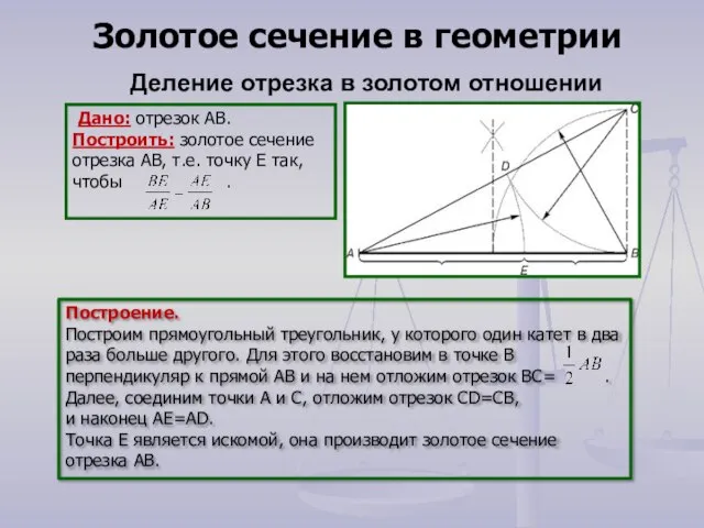 Дано: отрезок АВ. Построить: золотое сечение отрезка АВ, т.е. точку Е так,