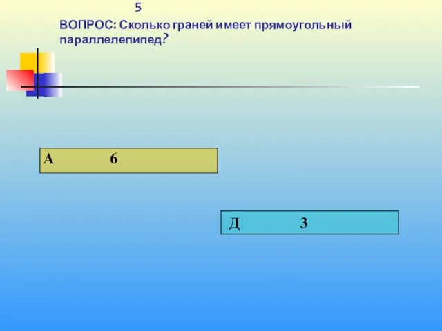 1 5 ВОПРОС: Сколько граней имеет прямоугольный параллелепипед?