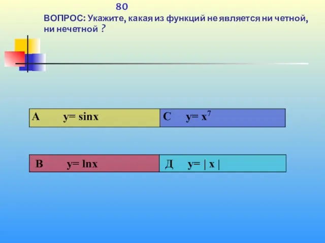 1 80 80 ВОПРОС: Укажите, какая из функций не является ни четной, ни нечетной ?